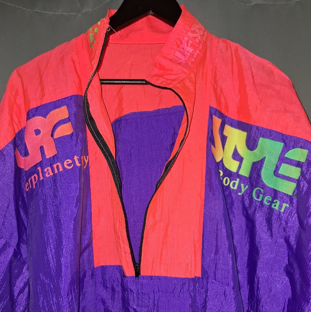 Vtg Surf Style Pull Over Windbreaker Jacket 1/2 Zip Neon Vibrant Colorblock 90s - Picture 12 of 14
